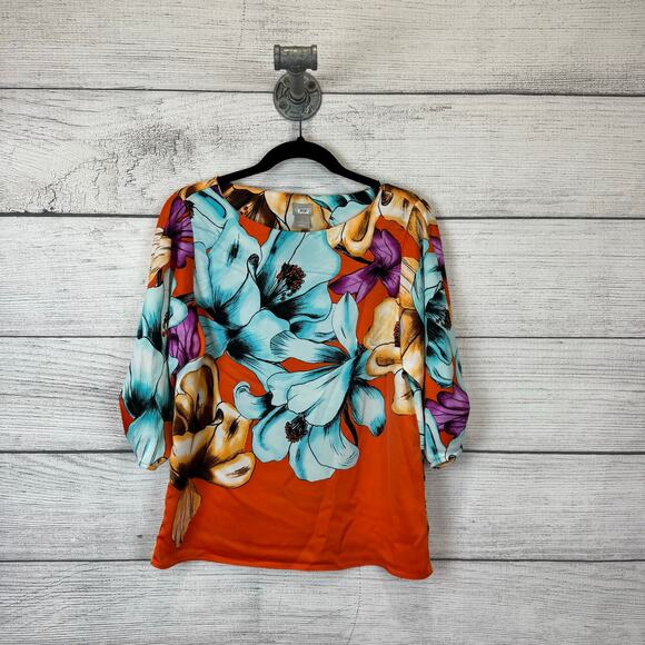 Chico's Women's Orange & Blue Tropical Iris Floral Spring Blouse Size 0 (US 4/6) - Picture 2 of 9